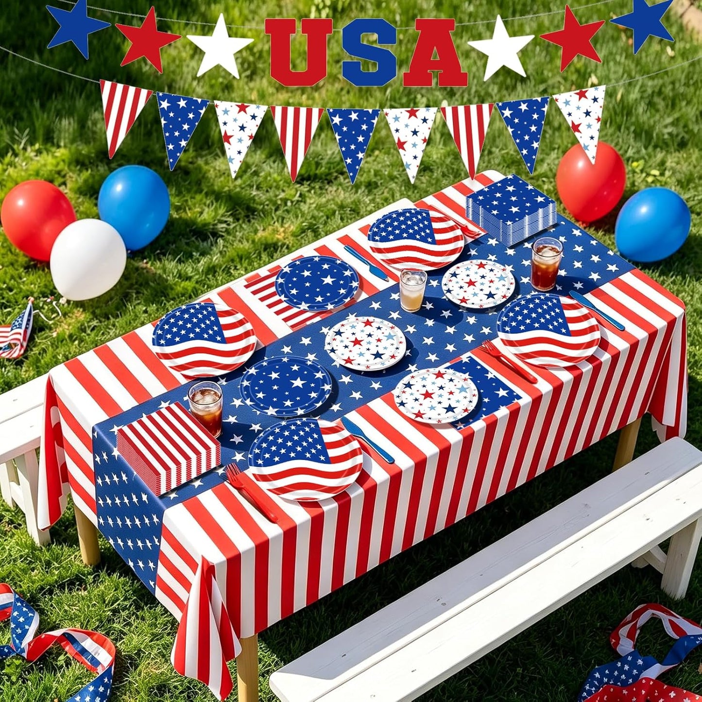 4Th of July Decorations, 119Pcs Fourth of July Party Supplies-Serves 24 with 250Th Independence Day Plates and Napkins Tablecloth and USA Banner Forks Balloons for Patriotic Party Decorations