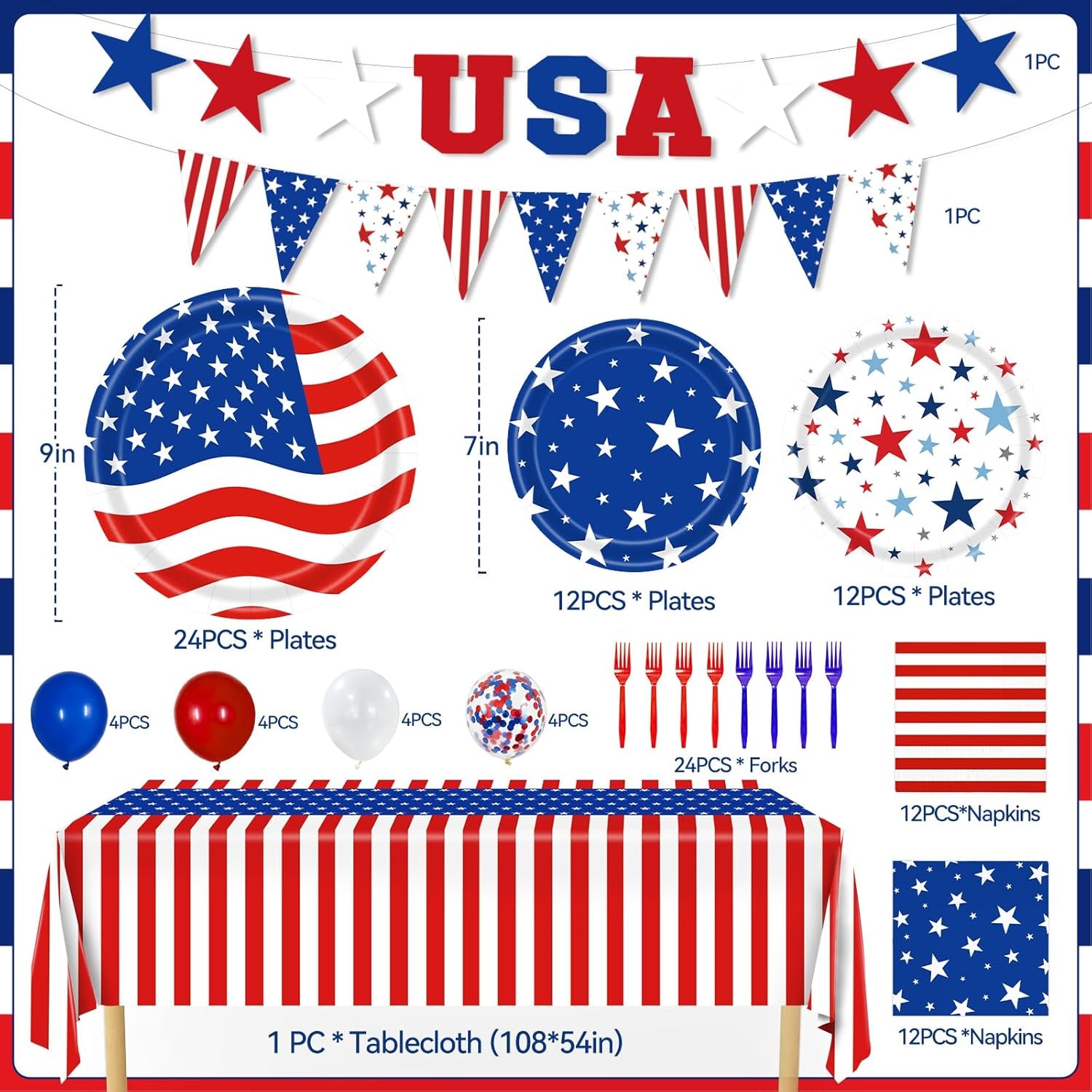 4Th of July Decorations, 119Pcs Fourth of July Party Supplies-Serves 24 with 250Th Independence Day Plates and Napkins Tablecloth and USA Banner Forks Balloons for Patriotic Party Decorations