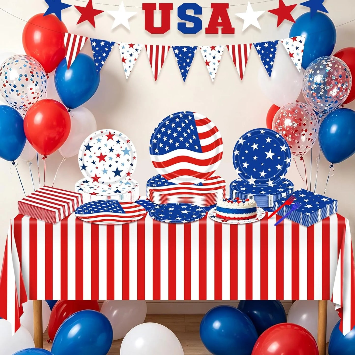 Festive 4th of July Celebration Kit - 119-Piece Party Supply Set for 24 Guests with Plates, Napkins, Tablecloth, USA Banner, Forks, and Balloons!