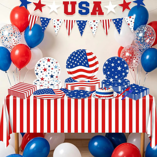 Festive 4th of July Celebration Kit - 119-Piece Party Supply Set for 24 Guests with Plates, Napkins, Tablecloth, USA Banner, Forks, and Balloons!