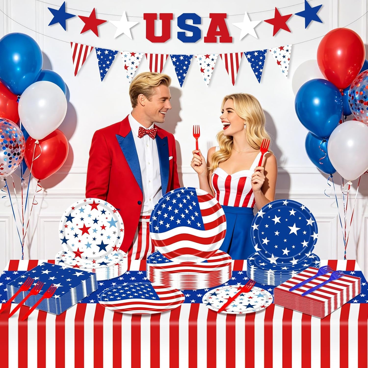 4Th of July Decorations, 119Pcs Fourth of July Party Supplies-Serves 24 with 250Th Independence Day Plates and Napkins Tablecloth and USA Banner Forks Balloons for Patriotic Party Decorations