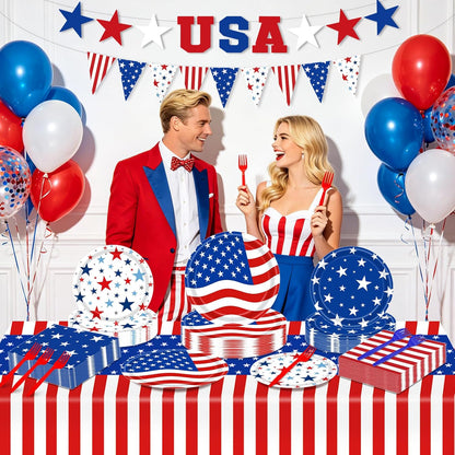4Th of July Decorations, 119Pcs Fourth of July Party Supplies-Serves 24 with 250Th Independence Day Plates and Napkins Tablecloth and USA Banner Forks Balloons for Patriotic Party Decorations