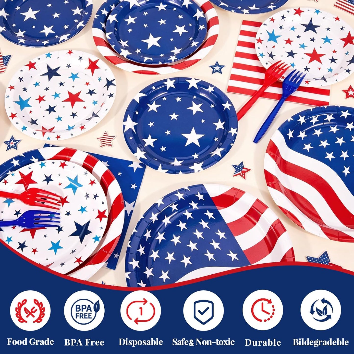4Th of July Decorations, 119Pcs Fourth of July Party Supplies-Serves 24 with 250Th Independence Day Plates and Napkins Tablecloth and USA Banner Forks Balloons for Patriotic Party Decorations