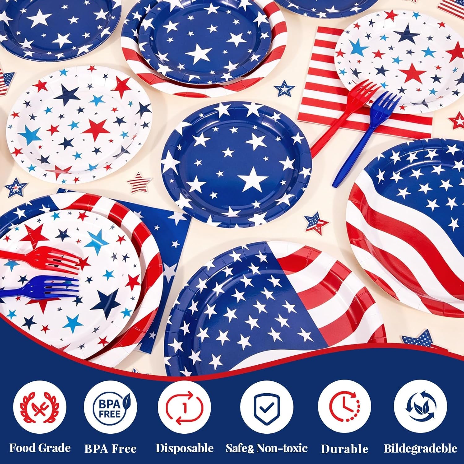 4Th of July Decorations, 119Pcs Fourth of July Party Supplies-Serves 24 with 250Th Independence Day Plates and Napkins Tablecloth and USA Banner Forks Balloons for Patriotic Party Decorations