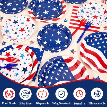 4Th of July Decorations, 119Pcs Fourth of July Party Supplies-Serves 24 with 250Th Independence Day Plates and Napkins Tablecloth and USA Banner Forks Balloons for Patriotic Party Decorations